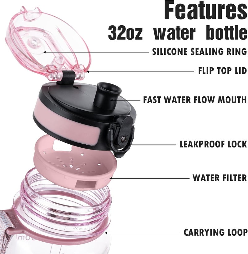 OLDLEY Water Bottle, 32oz Motivational Sports Water Bottle with Time Marker - Times to Drink - Tritan, BPA Free, Wide Mouth Leakproof,Clear Pink - Image 5